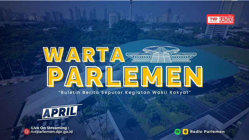 TVR PARLEMEN Header banner for WARTA PARLEMEN bold yellow title over city skyline with streaming and Radio Parlemen logos