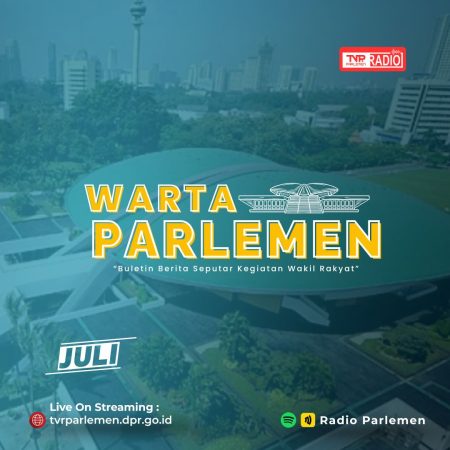 TVR PARLEMEN Poster for WARTA PARLEMEN bold yellow title over a blue tinted cityscape with streaming link tvrparlemendprgoid and Radio Parlement branding at the top right